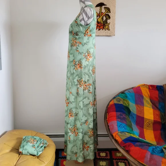 70s Vintage Green Orange Floral Maxi Dress + Shirt Jacket - Picture 8 of 10